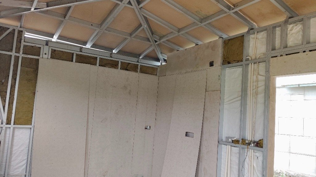 LGSF interior wall board paneling and ceiling trusses